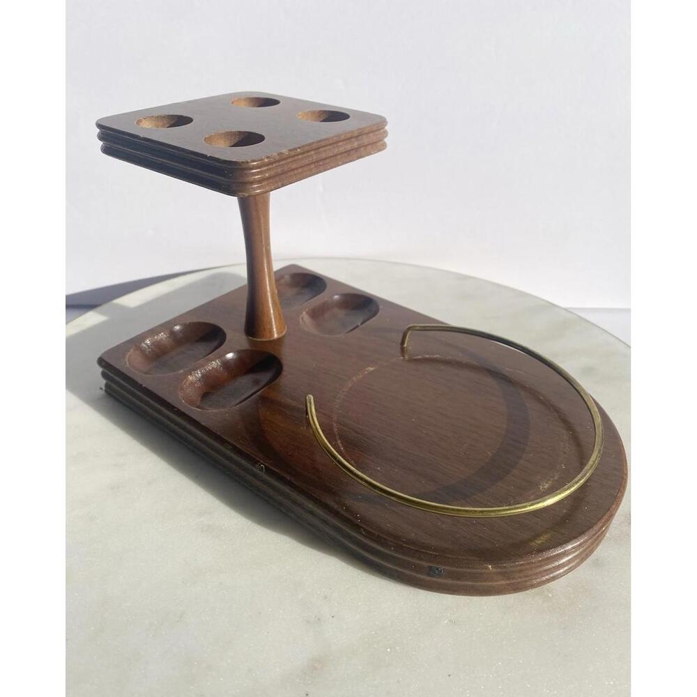 Vintage Walnut Wood Brass Pipe Holder Stand Rack Display Decatur Ind 4 Hole MCM